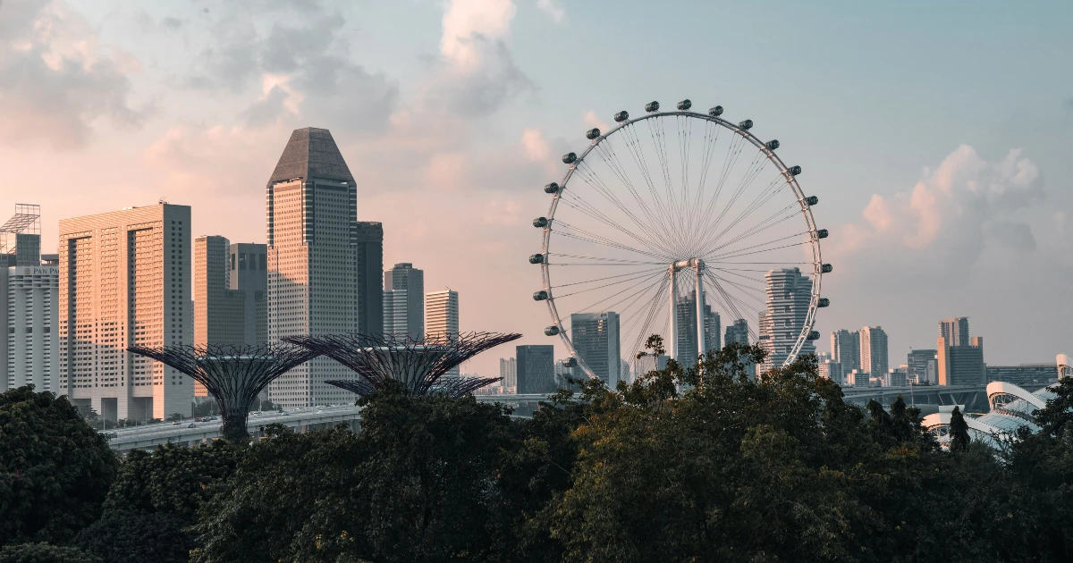 Shot of the Singapore Flyer & Gardens By The Bay during the evening.